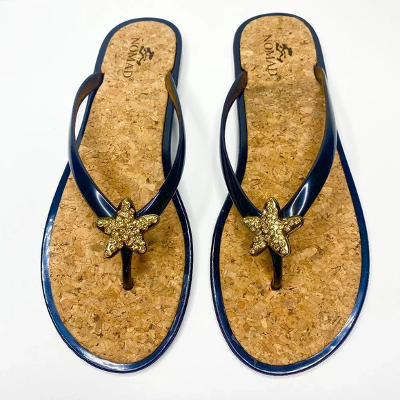NEW Nomad Flip Flops Black Starburst Nautical Sandal Chic Cork Sz 9 Beach Ready - Picture 1 of 9